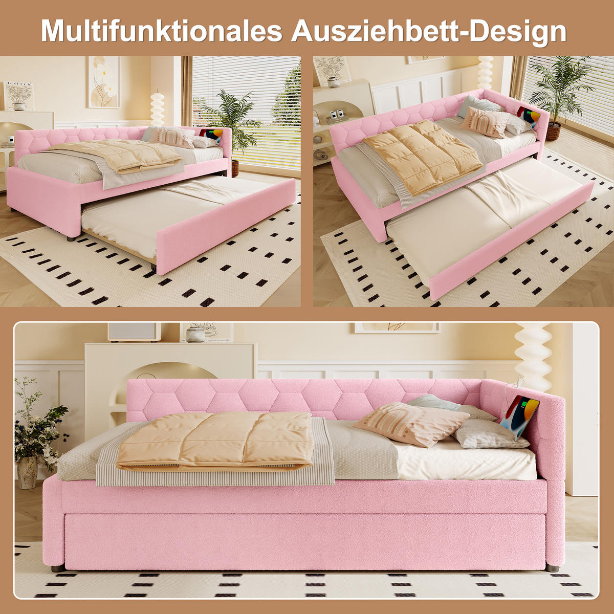 TAGESBETT 90x200cm Rosa Mit USB-C & Nachttischlampe - Pink, Textil - FLIEKS