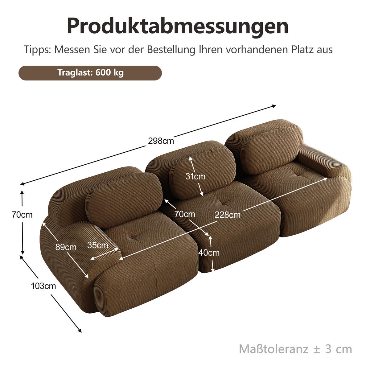 3-SITZER-SOFA DE-34025 modular Braun - Braun, Textil (103/75/298cm) - ComfortXL