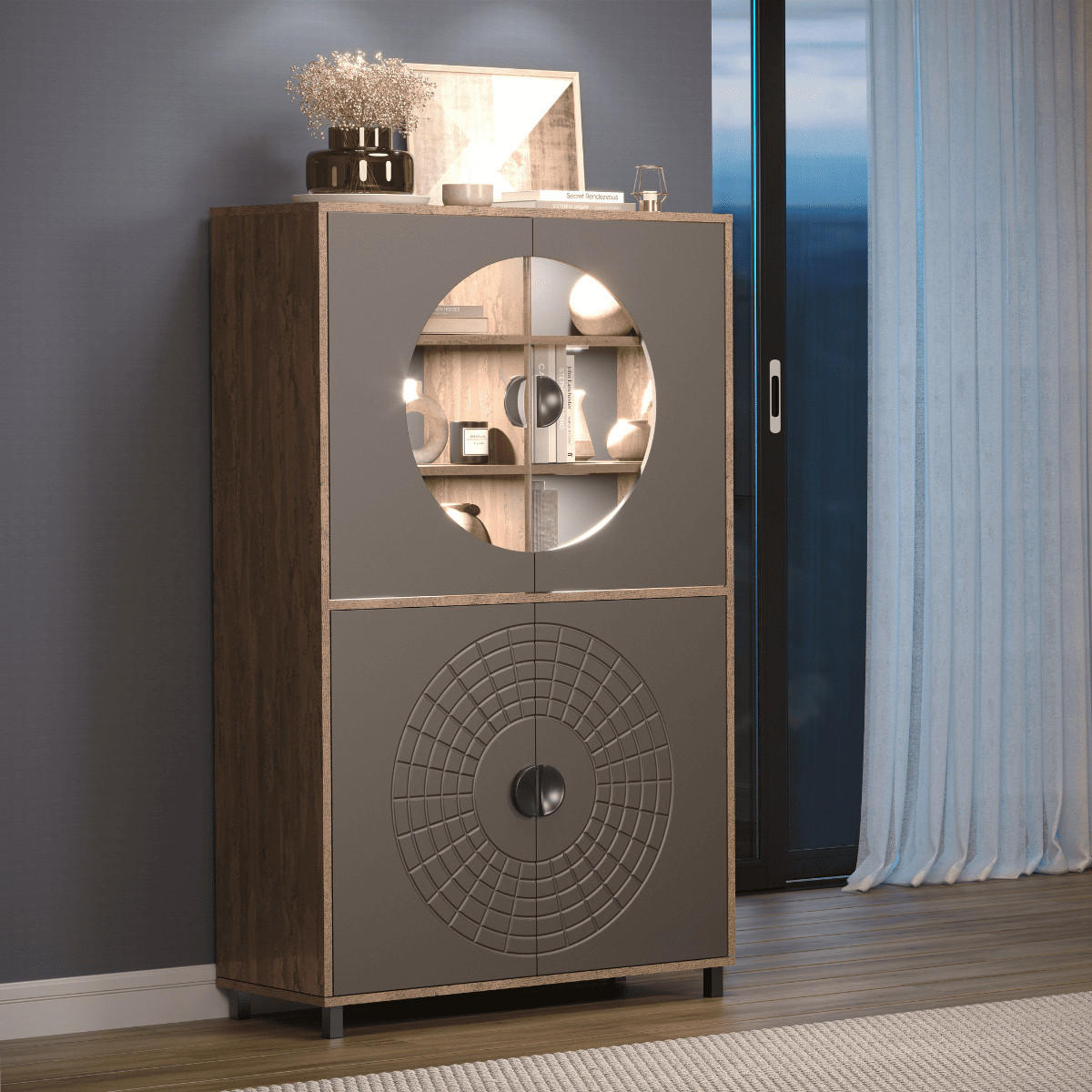 SIDEBOARD mit 4 türen, davon 2 mit gehärtetem glas - fusion 97/42/163 cm - Eschefarben, Holzwerkstoff (42/163/13cm) - Calicosy
