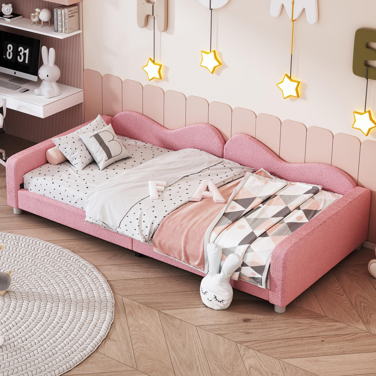 KINDERBETT 90/200 cm als Schlafsofa mit Rückenlehne, Armlehnen und Teddystoff, Rosa - Rosa, Textil (90/200cm) - Redom