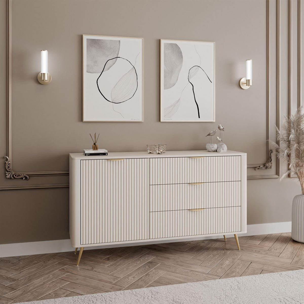 SIDEBOARD SCARLETT 138 1D3S MIT SCHUBLADEN BEIGE + GOLD - Beige, Holzwerkstoff (138/81/38cm) - Lookway