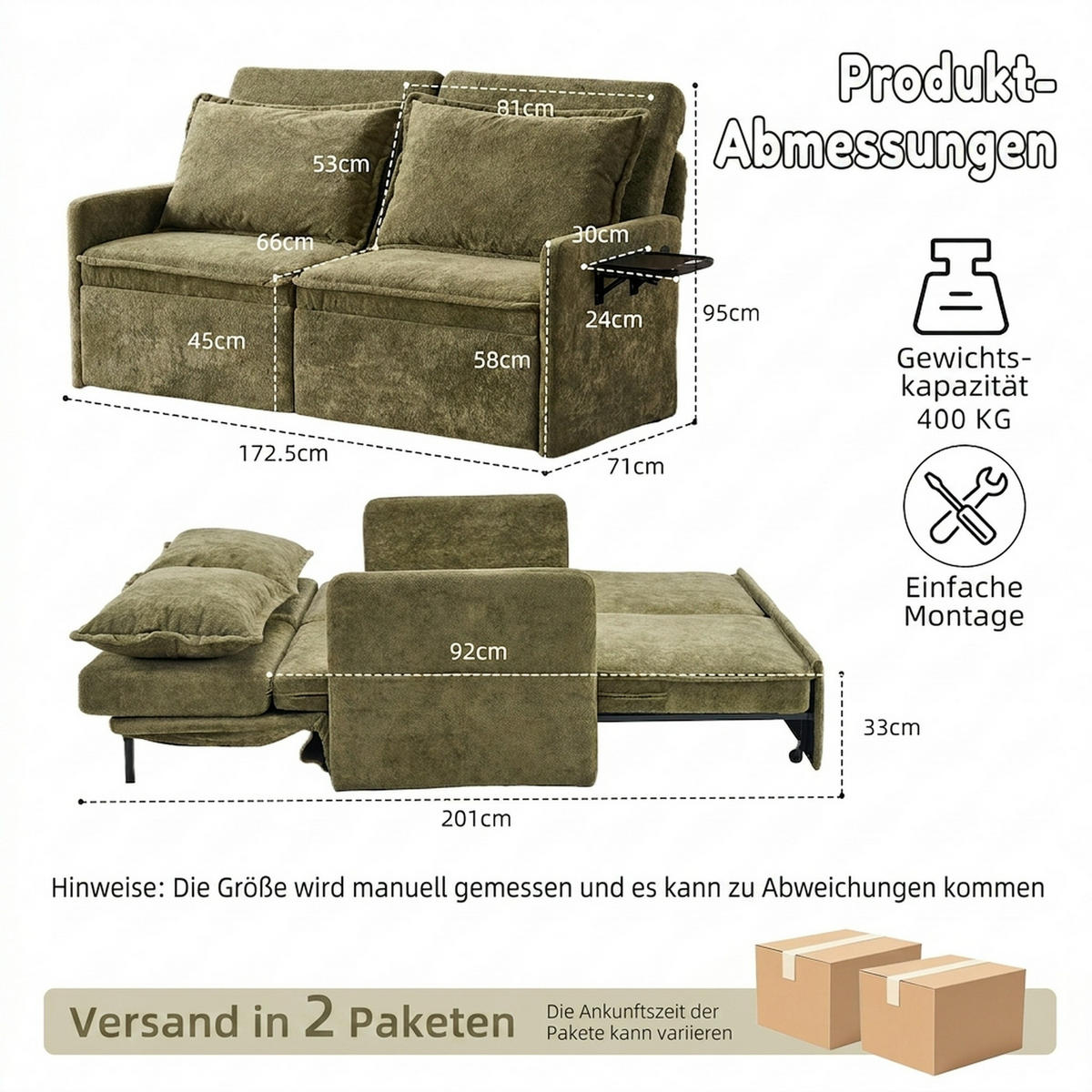 SCHLAFSOFA 172.5/71/95 cm Grün mit USB-Anschluss, 5-fach verstellbarer Rückenlehne und Stauraum - Grün, Textil (71/95/172.5cm) - Oxeza