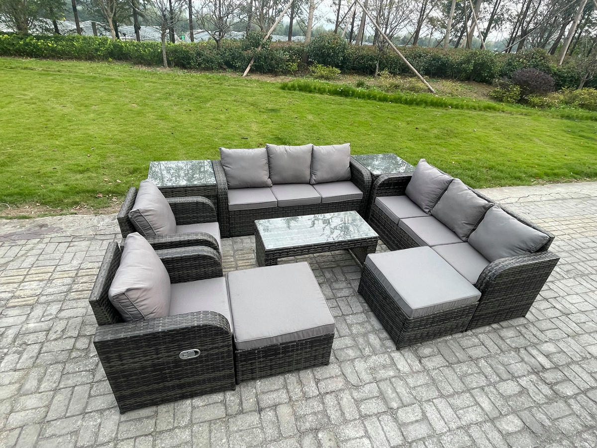 GARTENSOFA SET mit rechteckigem COUCHTISCH Polyrattan 10-Sitzer Dunkelgrau - Dunkelgrau/Grau, Glas/Kunststoff - Fimous