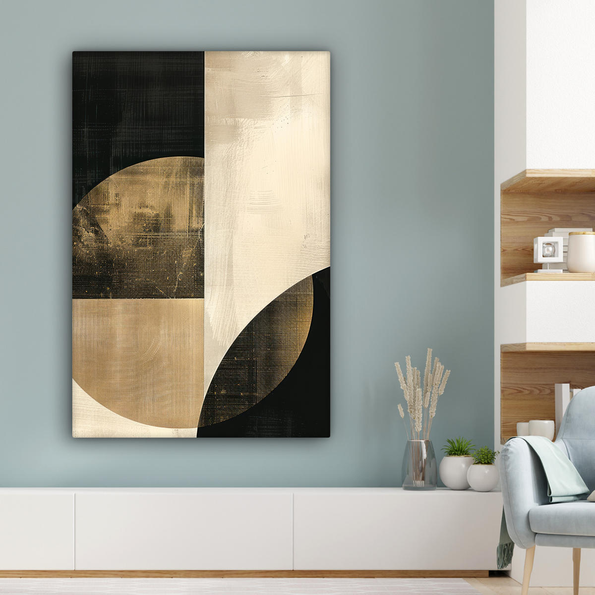 LEINWANDBILD Abstrakt - Geometrische Formen - Schwarz - Gold 90x140 cm - Ecru, Textil (90/140cm) - MuchoWow