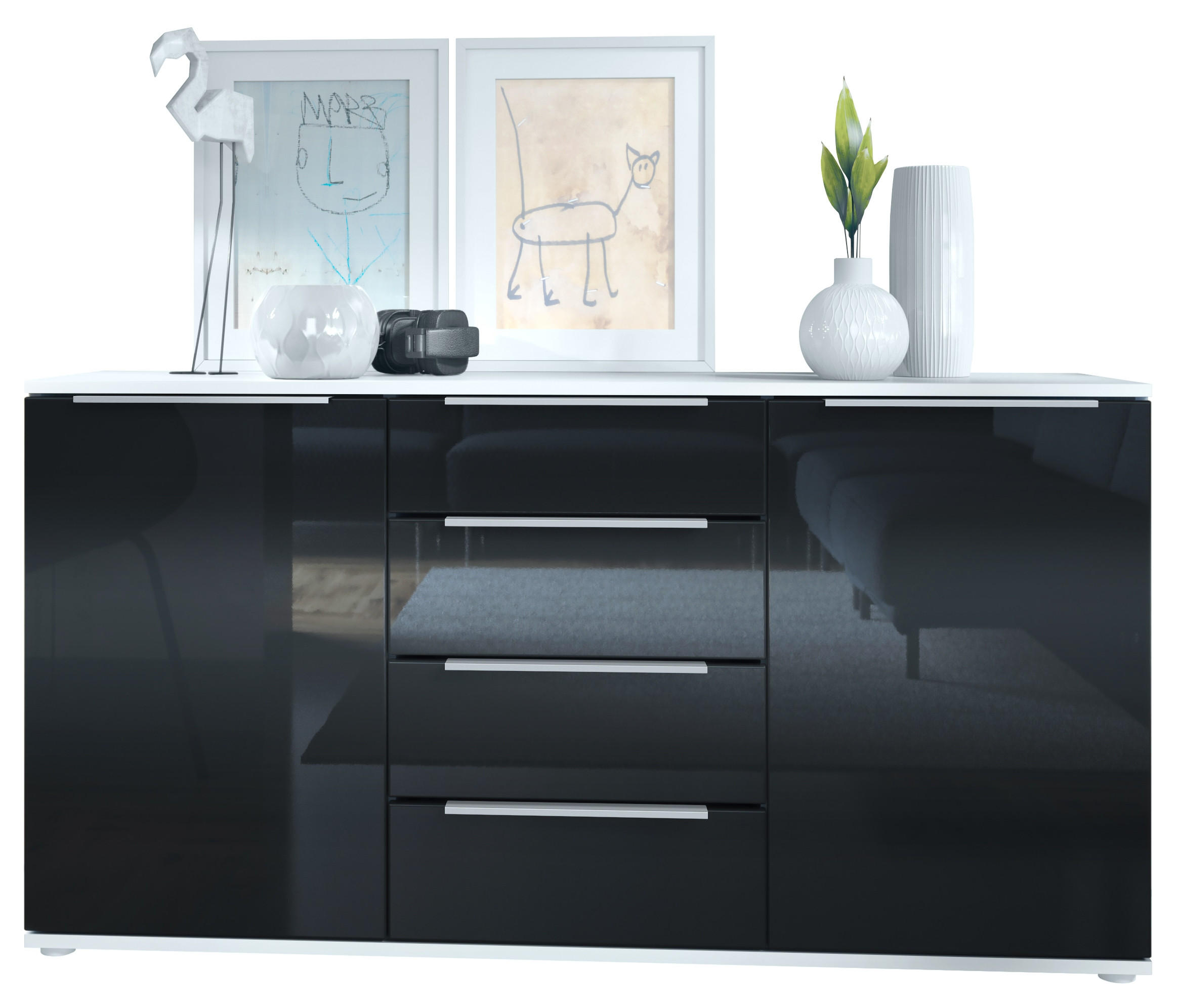 Vladon Sideboard Schwarz Hochglanz 139x72.5x35 cm