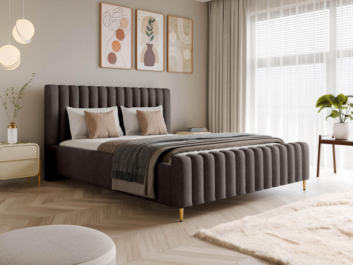 POLSTERBETT Lux Anthrazit 180x200 cm mit Stauraum, Kopfteil, Lattenrost, Goldenen Füßen, Stoff Amon - Anthrazit/Goldfarben, Holzwerkstoff/Kunststoff (180/200cm)