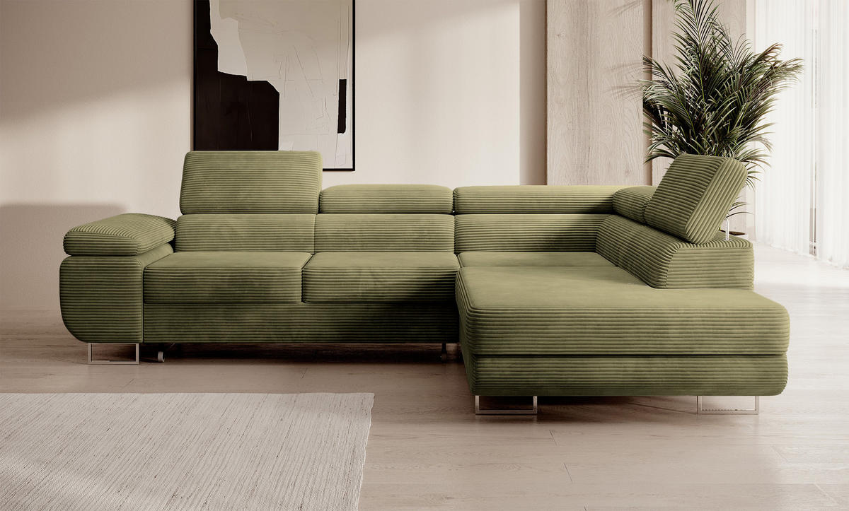 ECKSOFA Stevil Olivgrün Cordbezug - Silberfarben/Olivgrün, Textil/Metall (275/203cm) - Selsey