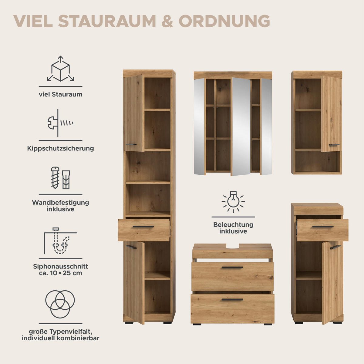 BADEZIMMER Vento 6-tlg. (B/H/T: ca. 164/191/34 cm) in Artisan Eiche /Artisan Eiche - Eichefarben, Holz (164/191/34cm)