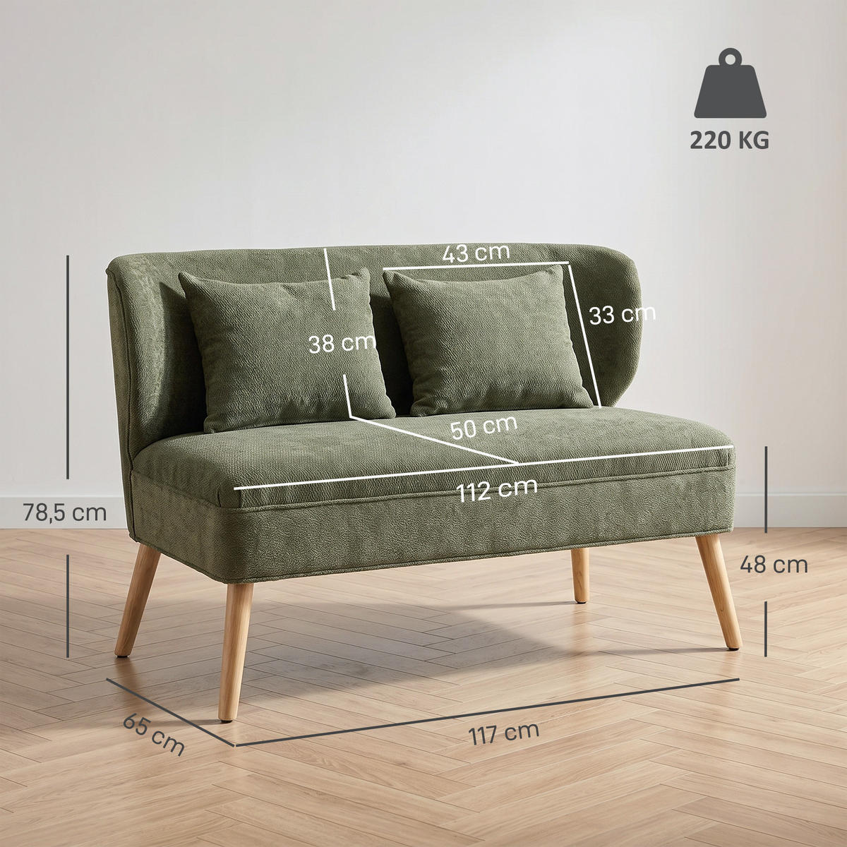 2-SITZER-SOFA Chenille Gummibaumholz Dunkelgrün - Dunkelgrün/Naturfarben, Holz/Holzwerkstoff (65/78.5/117cm) - HOMCOM