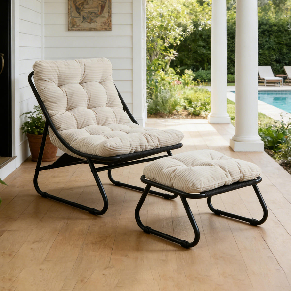 SESSELSET, Relaxsessel mit Hocker,Stahlrahmen,Cord,Weiß - Weiß, Metall (78/86/65cm) - LVHOM