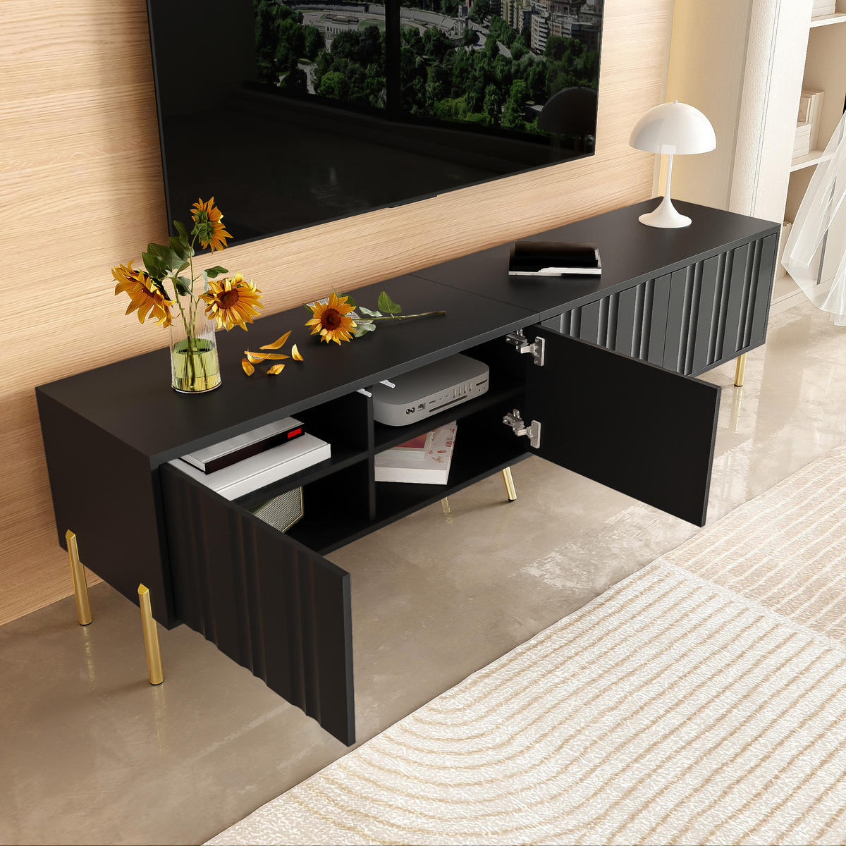LOWBOARD in Schwarz mit goldenen Tischbeinen für Wohnzimmer, B190/T38/H48 cm - Goldfarben/Schwarz, Holzwerkstoff/Metall (190/48/38cm) - STILVORA