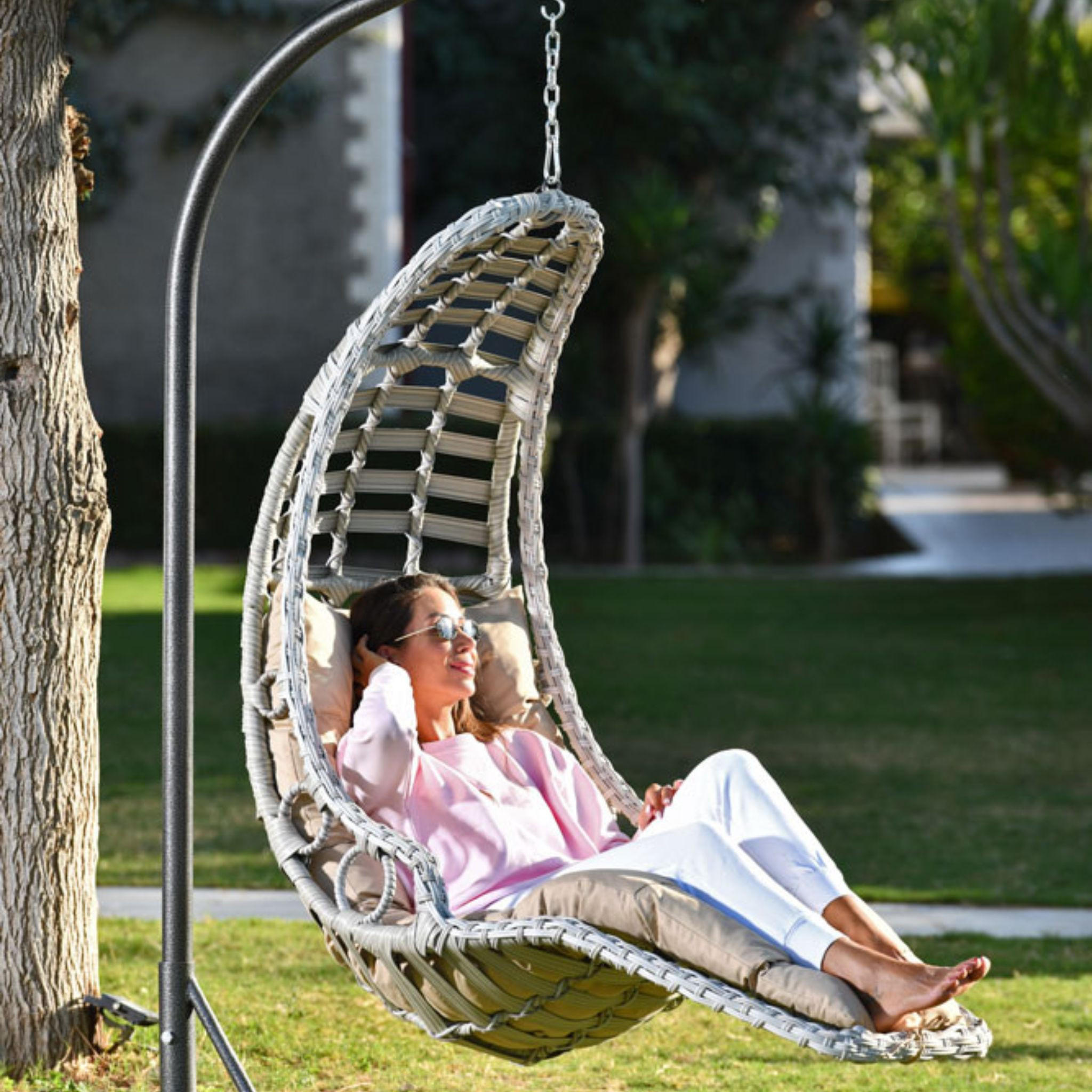 HÄNGESESSEL Gartenschaukel Rattan mit Gestell Hängeschaukel Bodrum - Weiß, Metall (120/212/106cm) - Gowoll