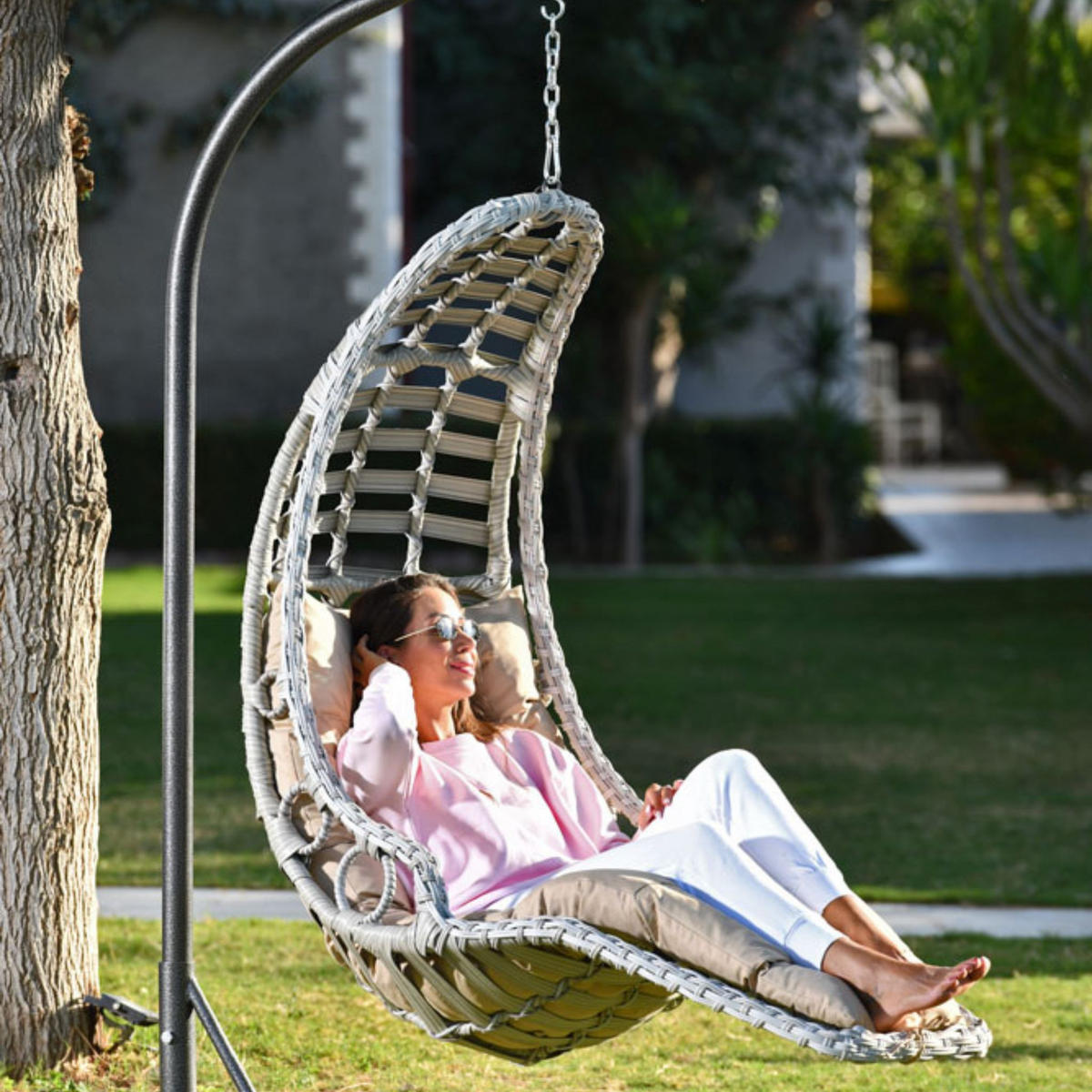 HÄNGESESSEL Gartenschaukel Rattan mit Gestell Hängeschaukel Bodrum - Weiß, Metall (120/212/106cm) - Gowoll