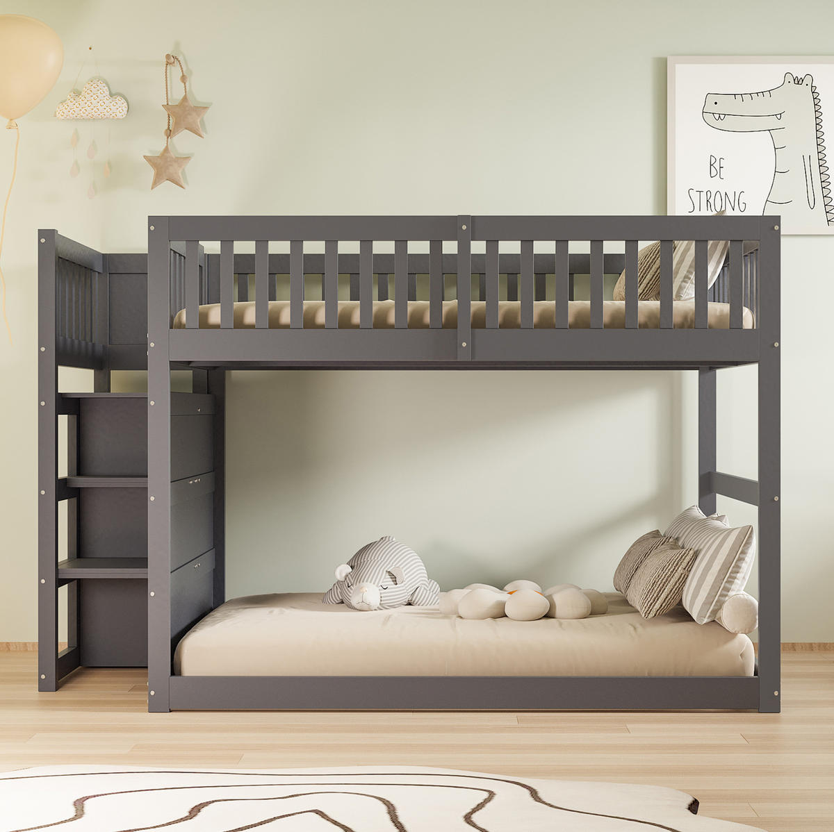 ETAGENBETT 140/200 cm Grau mit Treppe und 4 Schubladen aus Holz - Grau, Holz (140/200cm) - MIVRAY