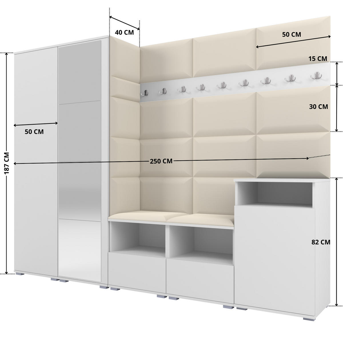 GARDEROBE NELA VIII 250 cm (Modulare Flurmöbel Weiß mit Spiegel & Sitzpolster Creme 01 Set XL) - Silberfarben/Creme, Holz/Holzwerkstoff (250/187/40cm) - Ravio