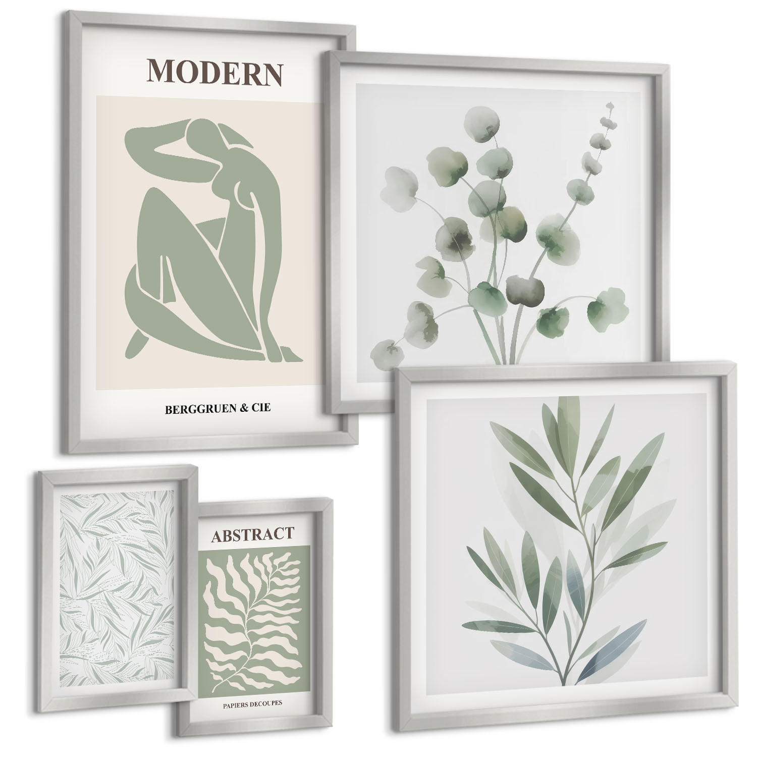 BILDER SET 5er Set - 50x50 cm & 20x30 cm & 40x60 cm Silberner Rahmen - Matisse entwirft Boho-Pflanzen - Silberfarben, Kunststoff (40/60cm) - TULUP