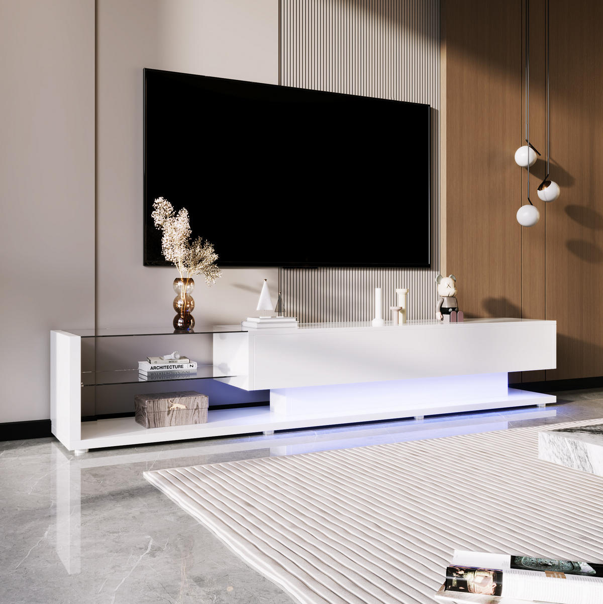 TV-LOWBOARD aus Spanplatte 170x38x36 cm Weiß Hochglanz mit LED-Beleuchtung, 2 Schubladen und Glasböden - Weiß, Holzwerkstoff (170/38/36cm) - Modfu