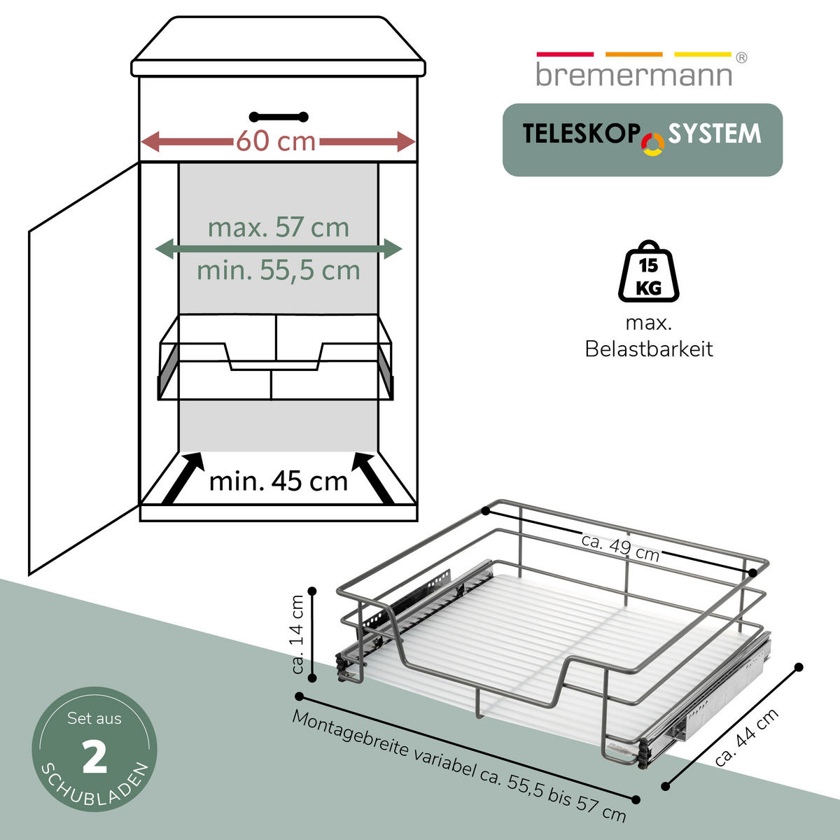TELESKOPSCHUBLADEN (2er Set), für 60 cm Schrank, Metall, Grau - Chromfarben/Grau, Metall (57/14/44cm) - bremermann
