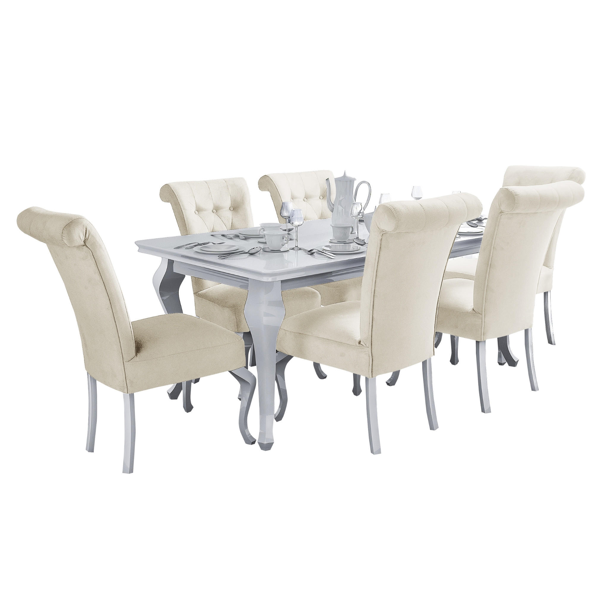 TISCHGRUPPE LUISE 170(+40)/90 cm in Weiß Hochglanz mit 6 Stühlen in Beige - Weiß Hochglanz/Beige, Holz/Holzwerkstoff (90/76/170cm) - Deine Möbel 24