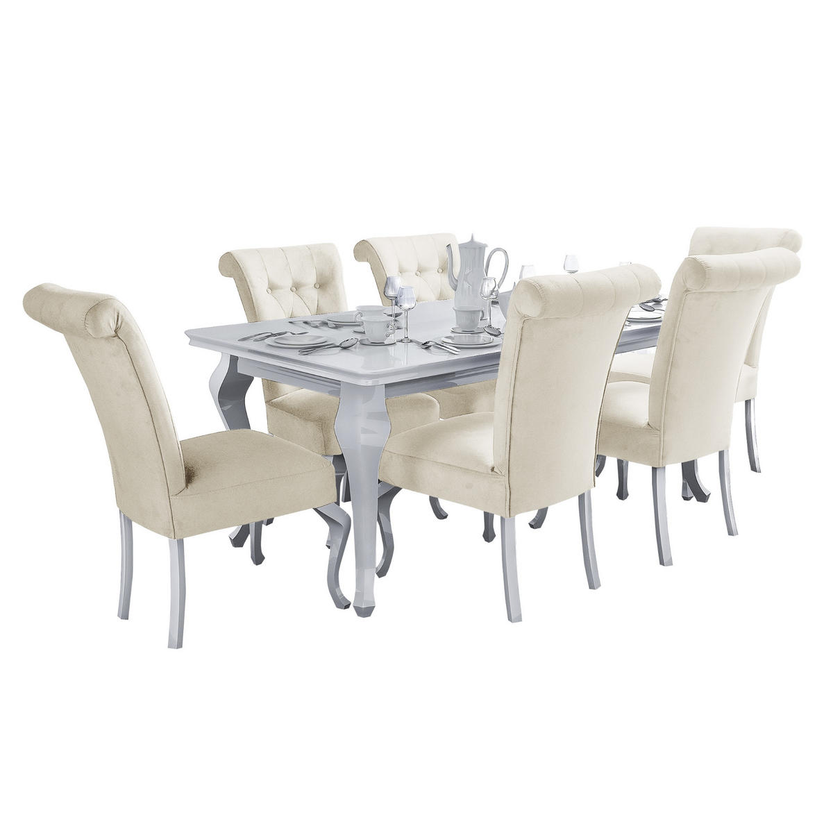 TISCHGRUPPE LUISE 170(+40)/90 cm in Weiß Hochglanz mit 6 Stühlen in Beige - Weiß Hochglanz/Beige, Holz/Holzwerkstoff (90/76/170cm) - Deine Möbel 24