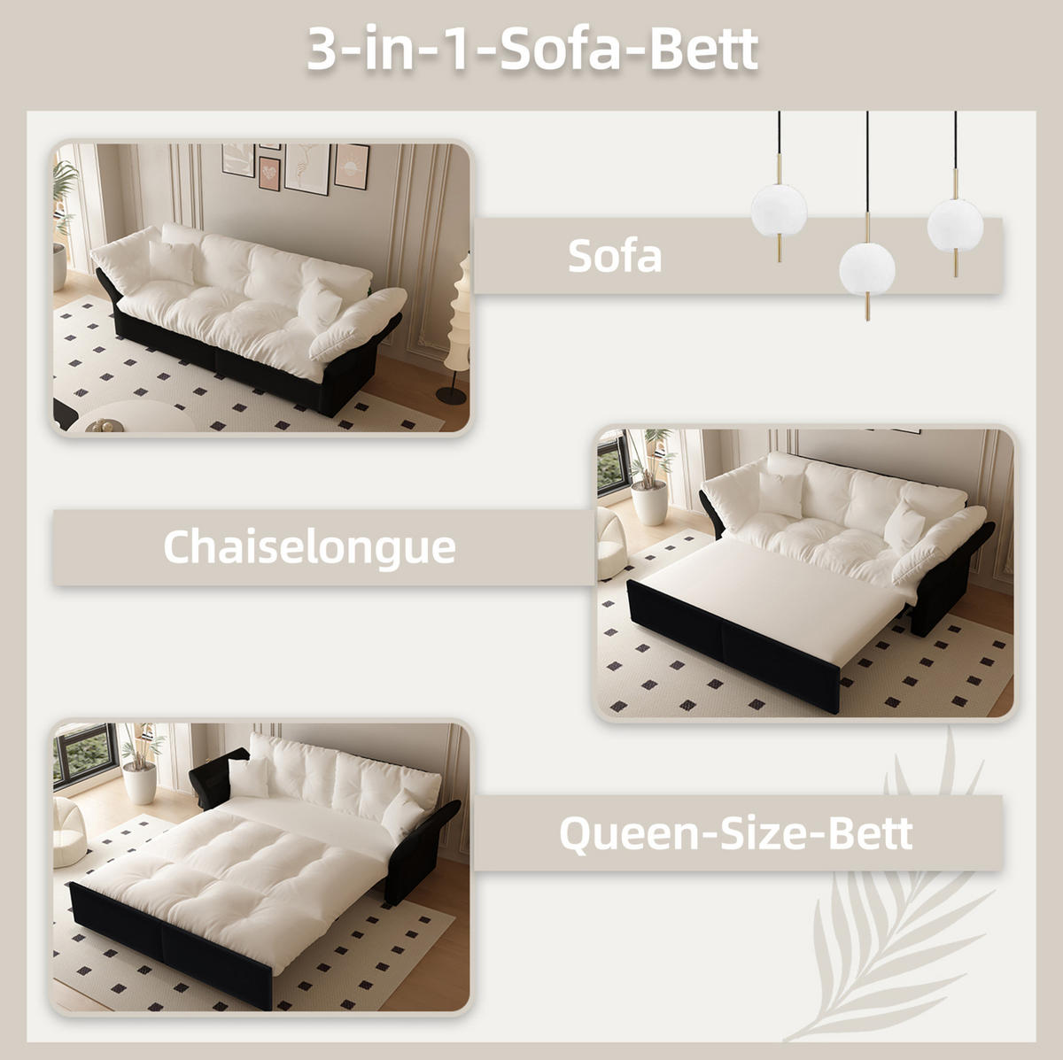 SCHLAFSOFA aus Velours 190x85x91 cm Beige/Weiß 3-in-1 ausziehbar mit 2 Kissen - Beige, Textil (190/91/85cm) - Modfu