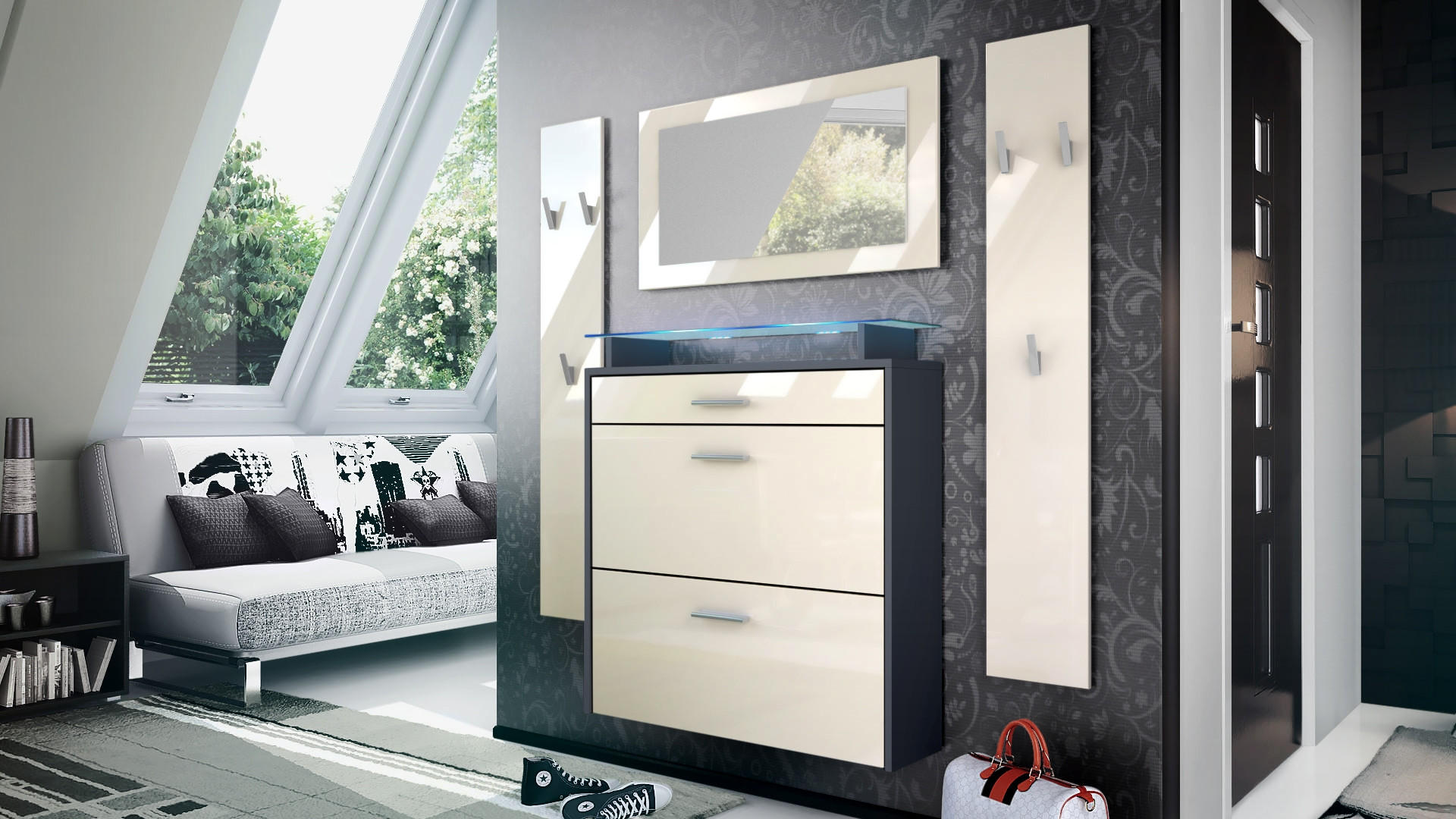 GARDEROBE Malea Fronten in Creme Hochglanz - Creme, Holzwerkstoff (180/180/23cm) - Vladon