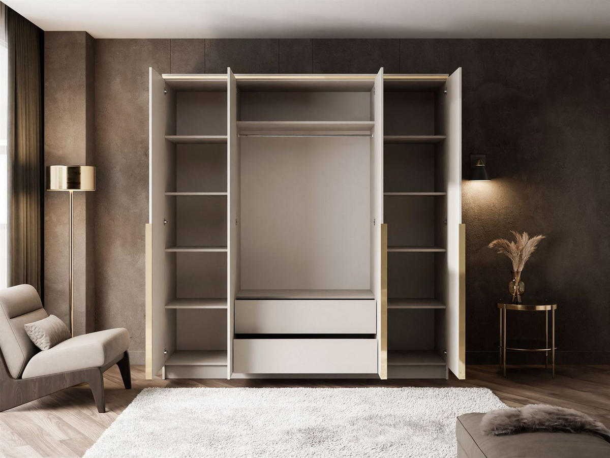 KLEIDERSCHRANK AURORA 4D mit Spiegel mit goldenen Griffen - Kaschmir/Goldfarben, Holzwerkstoff (200/213/57cm) - Lookway