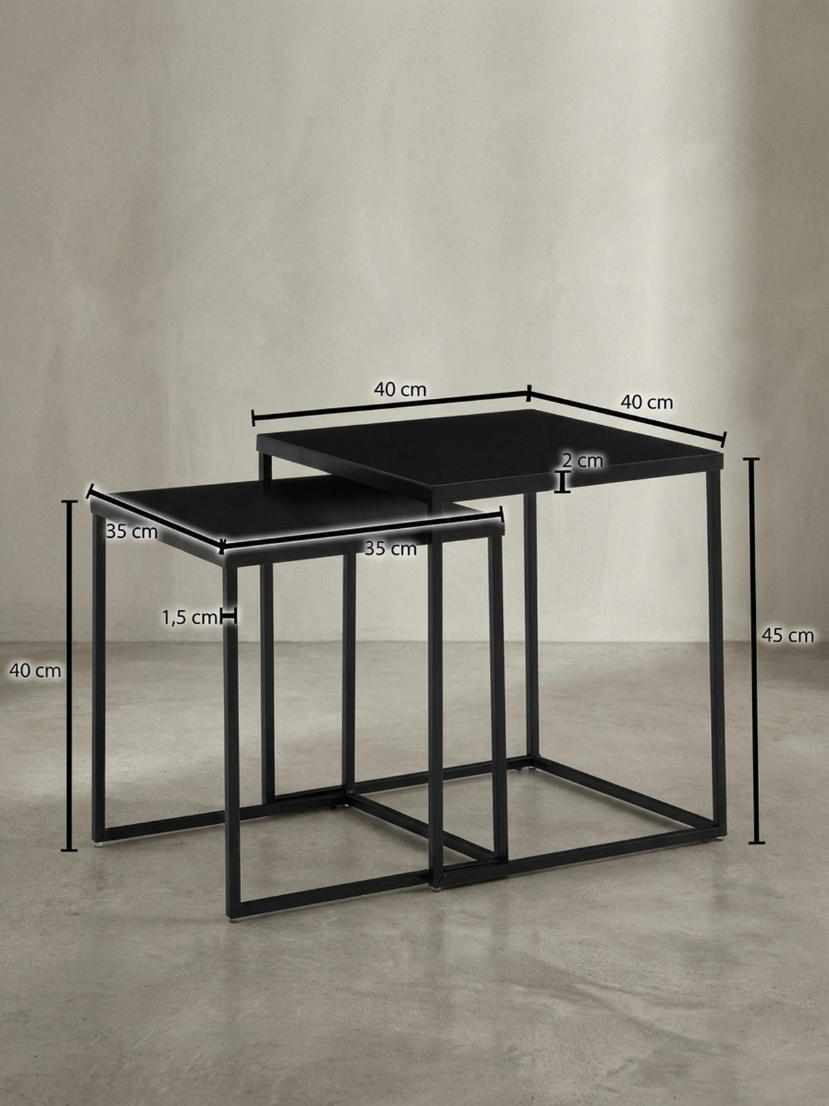 BEISTELLTISCH Set – 2-teilig Schwarz Stahl Industriestil mit Anti-Rutsch - Schwarz, Metall (40/40/45cm) - KADIMA DESIGN
