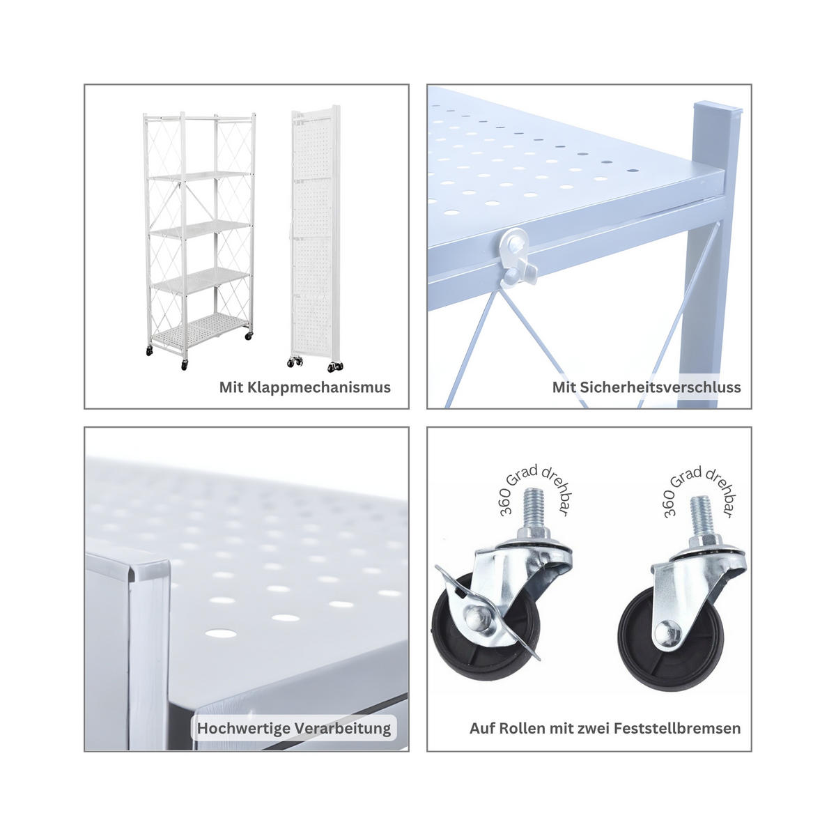 KLAPPREGAL auf Rollen 4 Fachböden Belastbarkeit 200kg 127x72x34 cm Weiß - Weiß, Metall (72/127/34cm) - PROREGAL