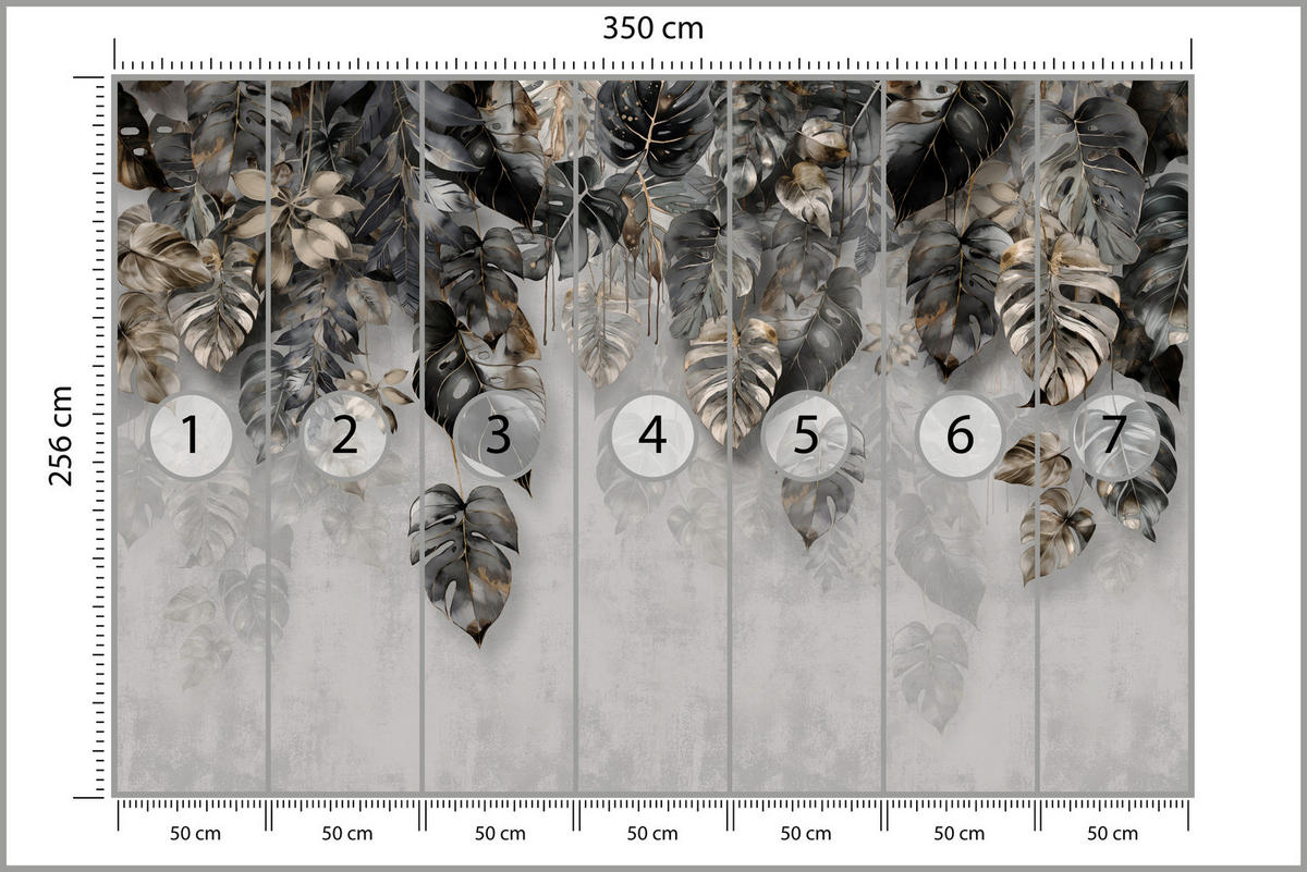 FOTOTAPETE für Wohnzimme Tropenblätter Beton Monstera 350x256 - Gelb/Schwarz, Papier (350/256cm) - Muralo