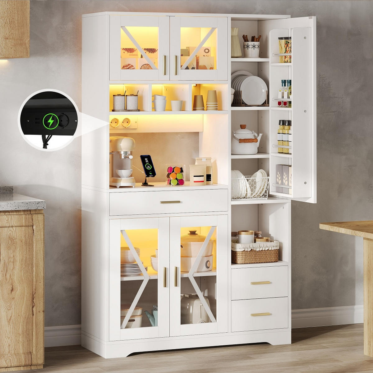 KÜCHENSCHRANK Buffetschrank, SCHEUNENSTIL MIT LED BELEUCHTUNG, Steckdosen, Glastüren, MDF, Vintage, 105/40/185 cm - Weiß, Kunststoff (40/185/105cm) - Rolipo