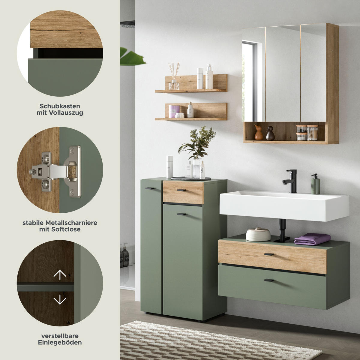 BADEZIMMER Azur 4-tlg. (B/H/T: ca. 141/191/35 cm) in Sage Green/Sage Green - Grün, Holzwerkstoff (141/191/35cm)