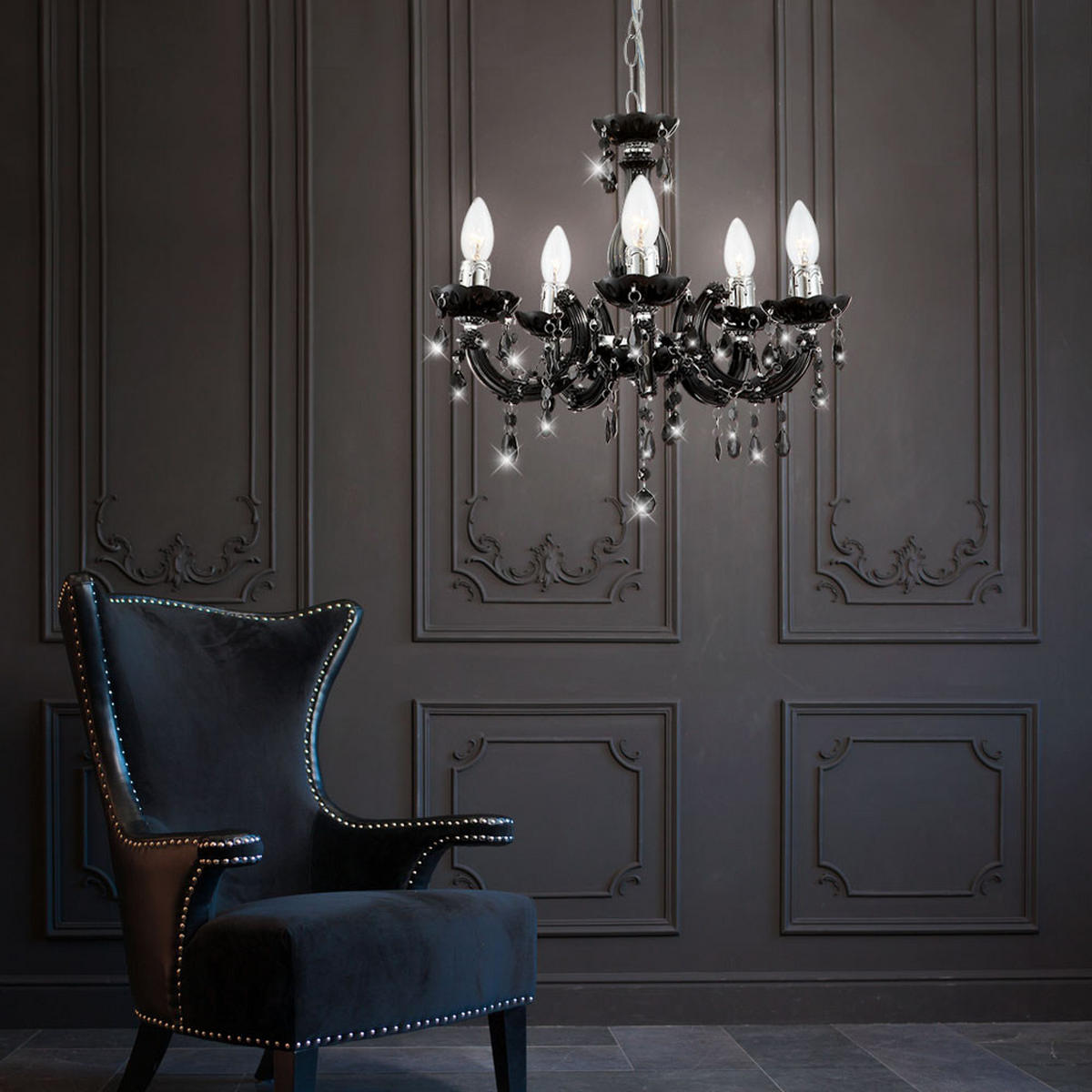 KRONLEUCHTER Kristalloptik Schwarz 5-flammig - Schwarz, Metall (44/44/128cm) - Globo Lighting