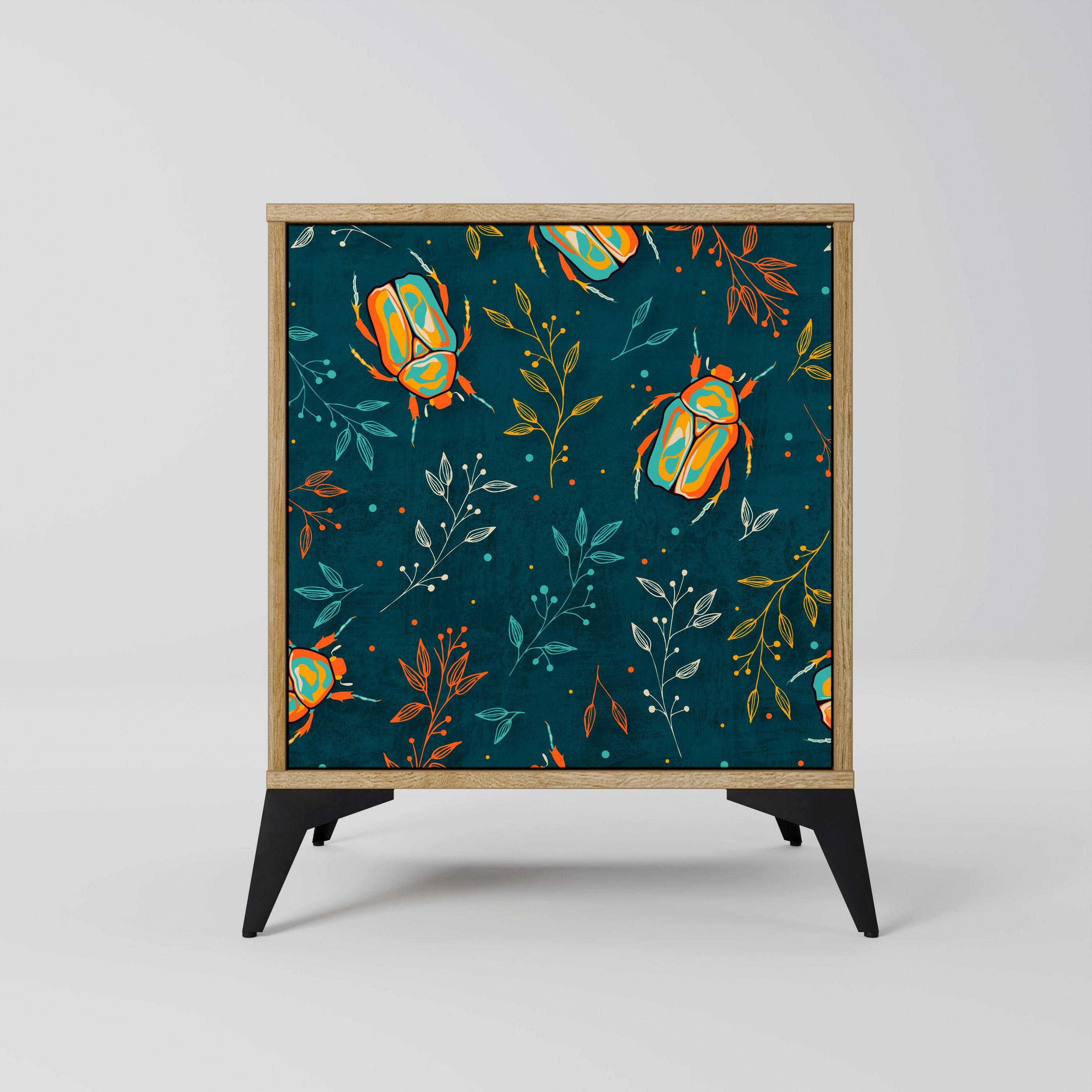 SIDEBOARD AUTUMN INSECTS, Eichefarben, 57,5x42x70,5 cm, Schwarze Metall-Sternfüße - Eichefarben/Multicolor, Holzwerkstoff/Metall (57.5/70.5/42cm) - SpaceRebels