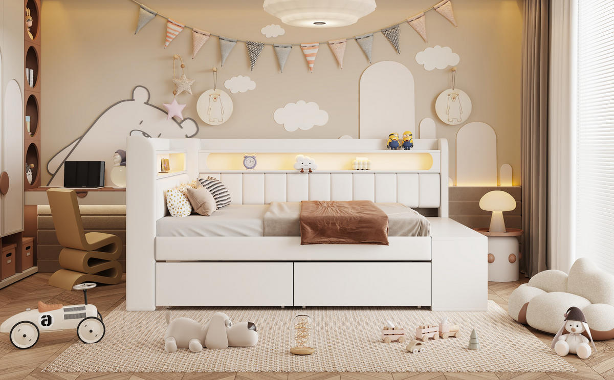 TAGESBETT 90x200 cm mit LED-Beleuchtung, USB-Anschluss, zwei Schubladen und Schuhschrank, gepolstert, weiß - Weiß, Holzwerkstoff (90/200cm) - Luhomfu