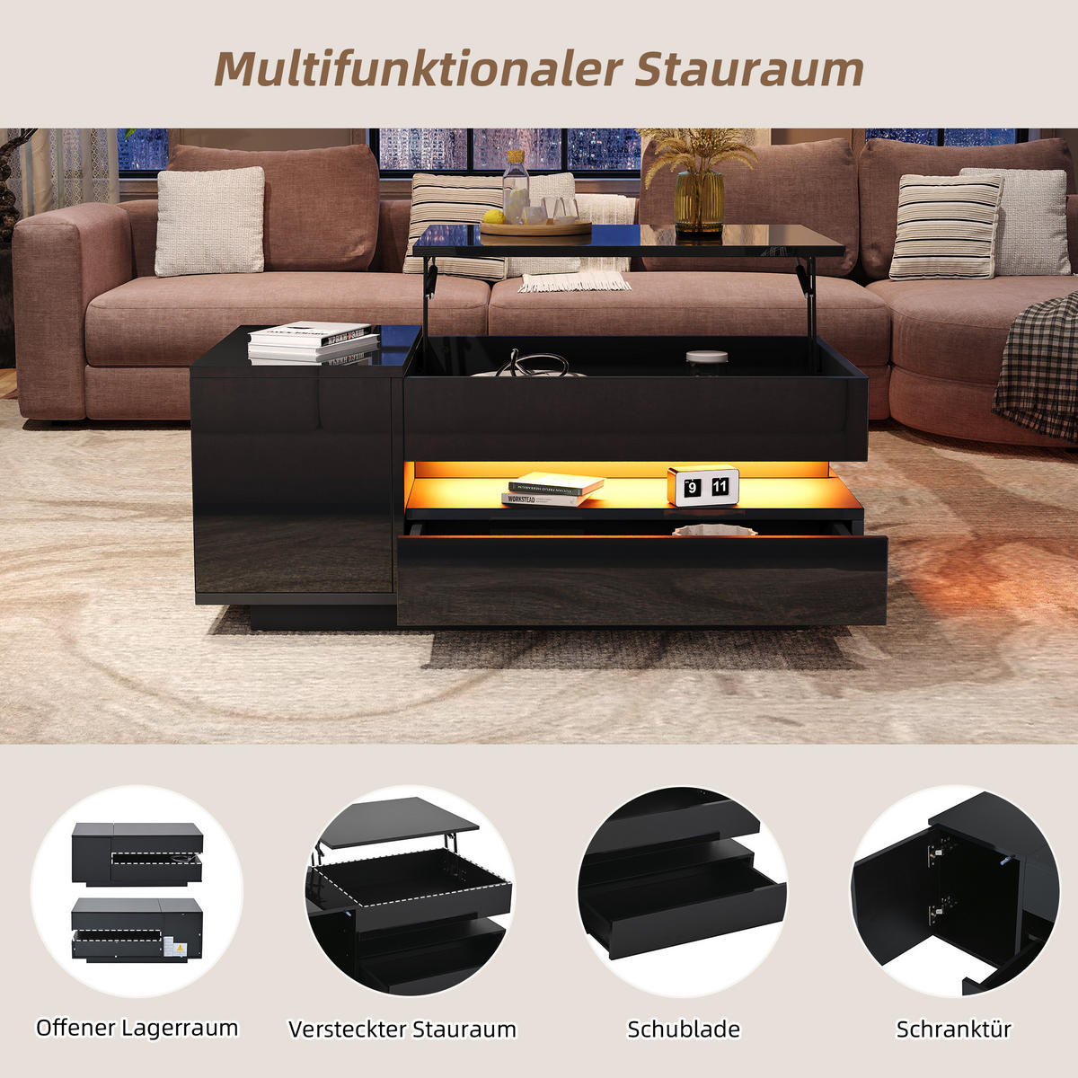 COUCHTISCH DE-195 Schwarz mit Hebefunktion und LED - Schwarz, Holzwerkstoff (50/95/40cm) - ComfortXL