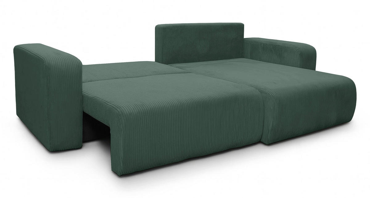 ECKSOFA mit Schlaffunktion Nellio L-Form universal mit Bettkasten Dunkelgrün Cord - Dunkelgrün/Schwarz, Kunststoff/Textil (245/145cm) - Homebook