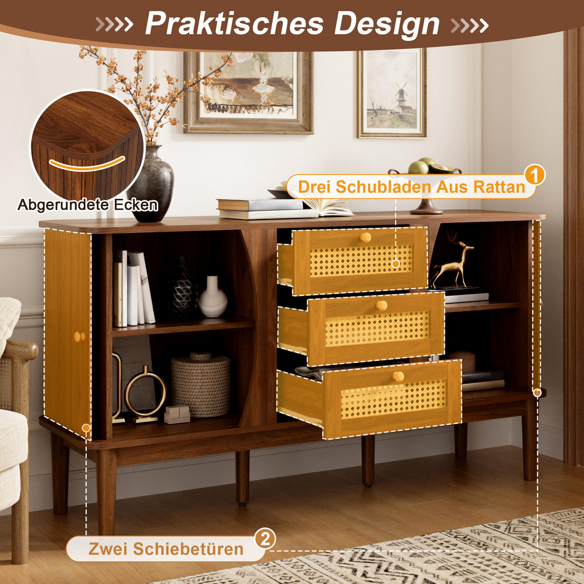 SIDEBOARD Rattan Schiebetüren verstellbare Böden modern - Walnussfarben, Holzwerkstoff (40/73/140.5cm) - FLIEKS