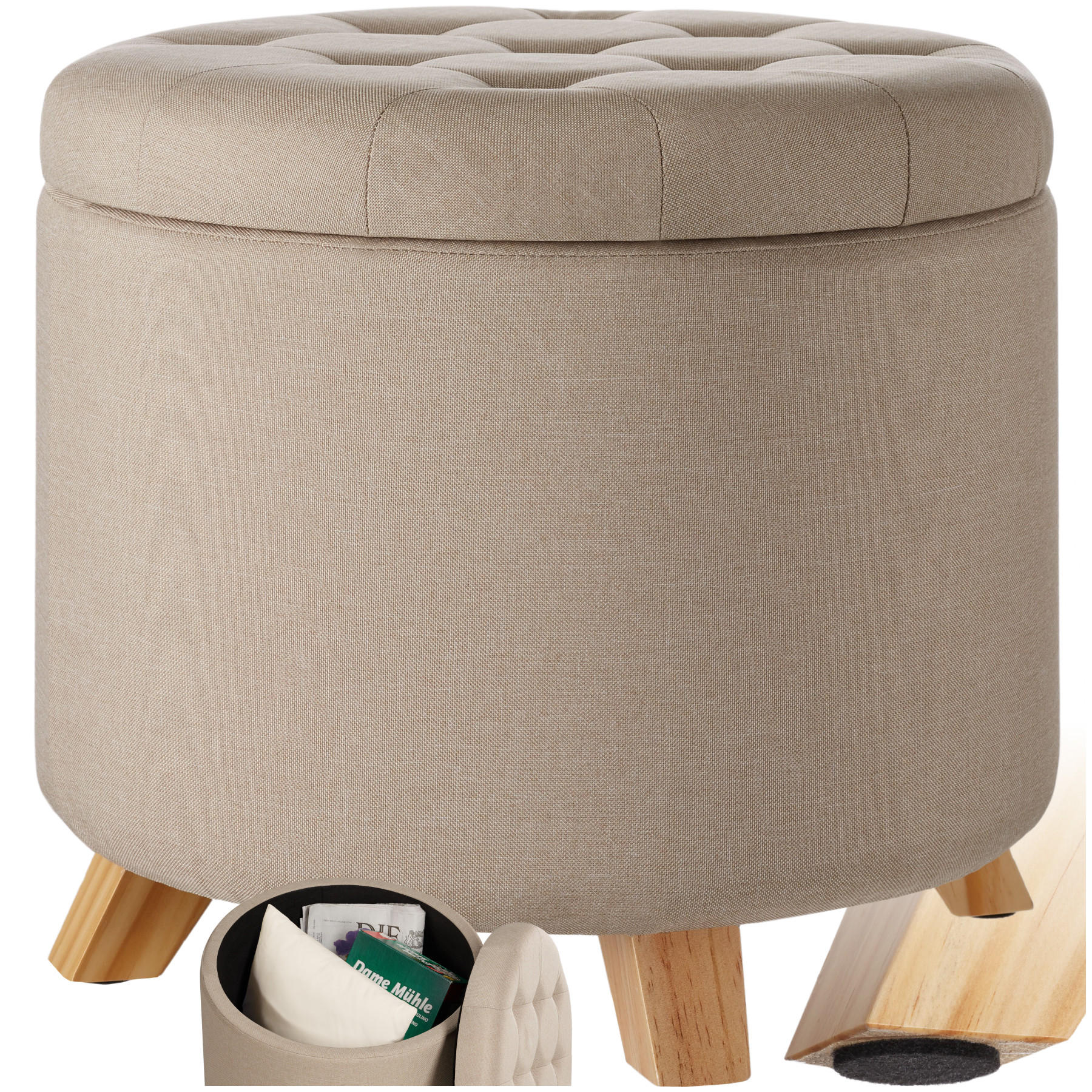 SITZHOCKER mit Stauraum Suna,44,5 x 41,5 cm,Sand - Sandfarben, Holz (44.5/41.5/44.5cm) - tectake