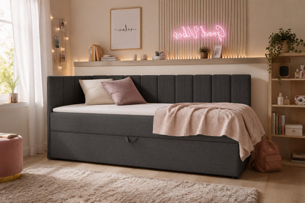 BOXBETT VIGO 100/200 cm in Cord/Velours Anthrazit H3 links - Anthrazit, Holz/Holzwerkstoff (100/200cm) - Deine Möbel 24
