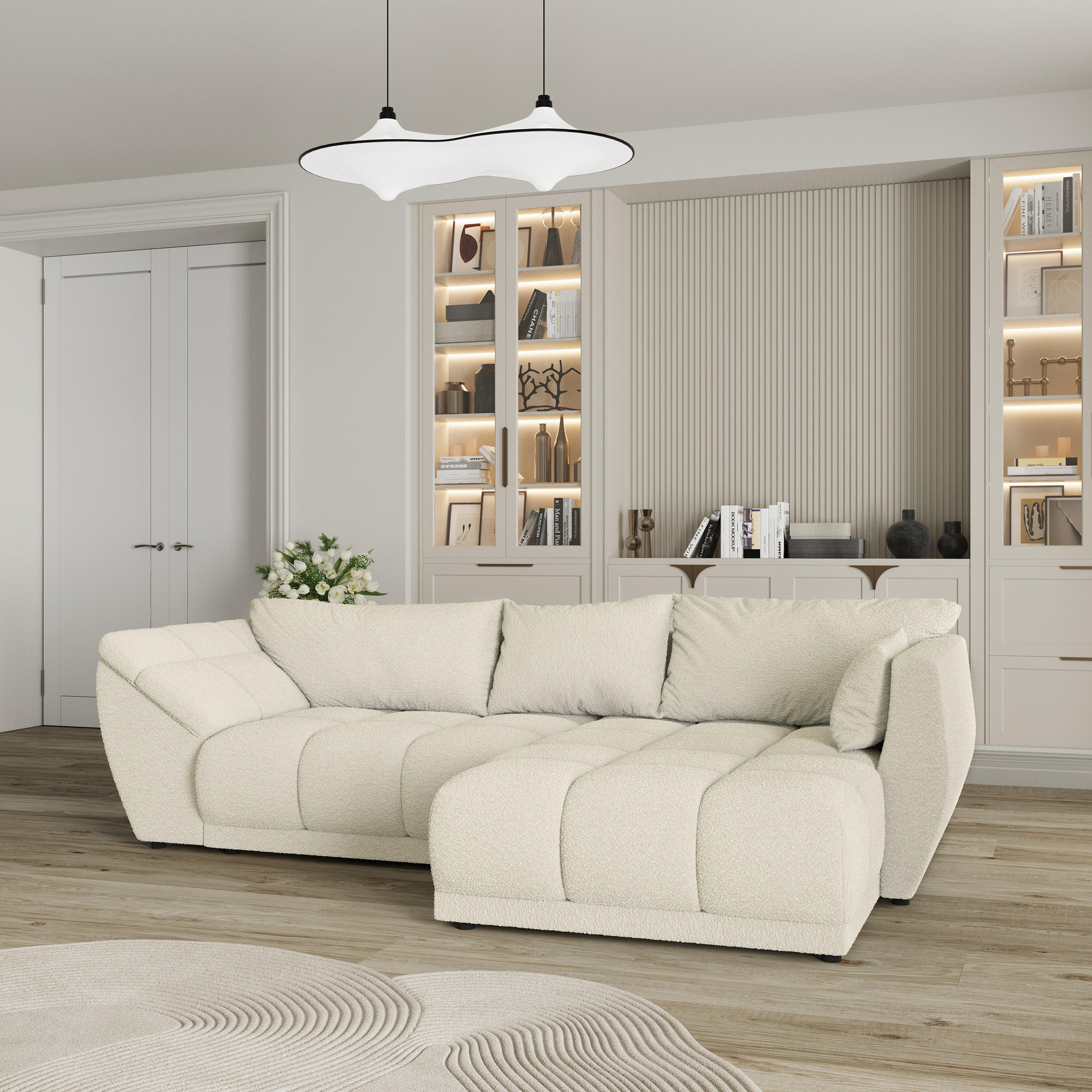 ECKSOFA ORENTI R-S Creme Boucle-Stoff mit Schlaffunktion - Creme, Holz (287/182cm) - MASSENO