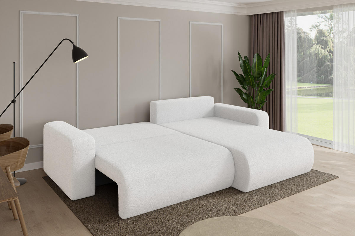 ROHOVÁ SEDAČKA s funkcí spaní, otoman vpravo BERY-L 276x193x88 bílá bouclé - bílá/černá, kompozitní dřevo/textil (276/193cm) - ALTDECOR