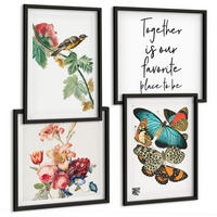 BILDER SET 4er Set - 50x50 cm & 40x60 cm Schwarzer Rahmen - Blumen, Schmetterlinge, Vögel, Pastellfarben - Schwarz, Kunststoff (50/50cm) - TULUP