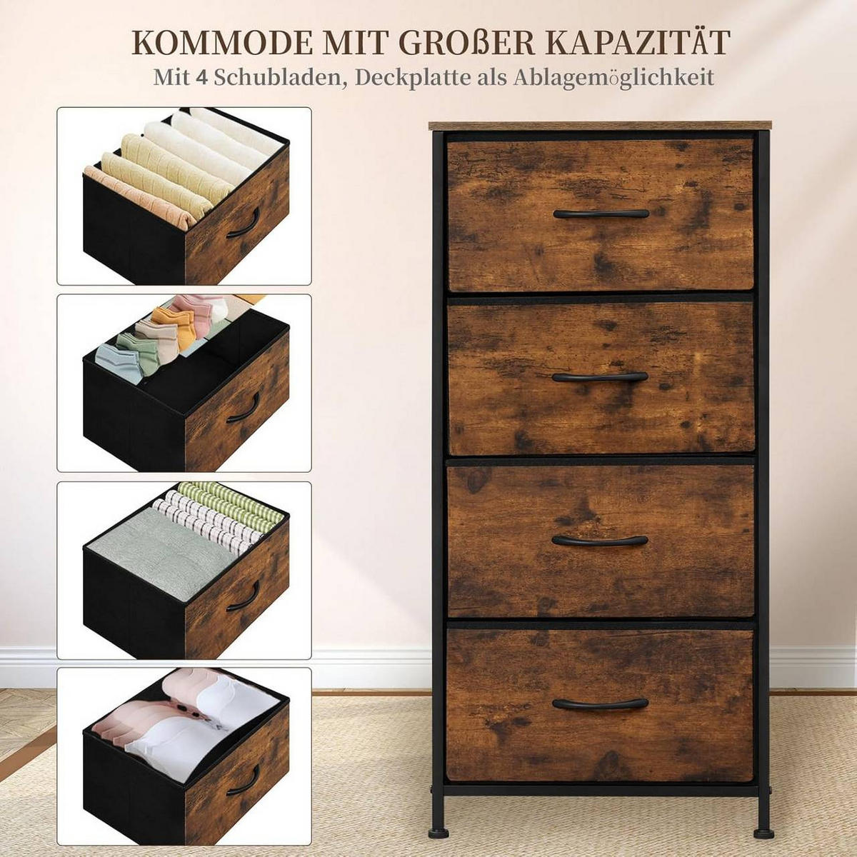 KOMMODE schmal, mit 4 Schubladen, industrieller Stil,Vintagebraun - Dunkelbraun/Schwarz, Holzwerkstoff/Metall (45/95/30cm) - Woltu