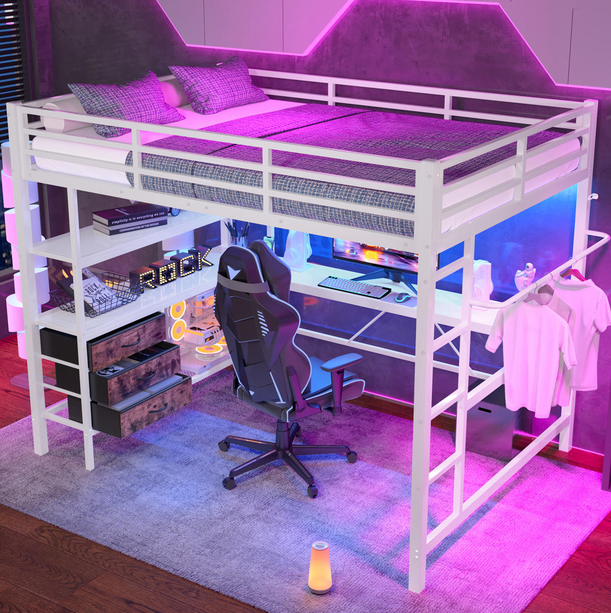 HOCHBETT 140/200 cm Weiß aus Metall und MDF mit Schreibtisch - Weiß, Metall (140/200cm) - OKMYHOME