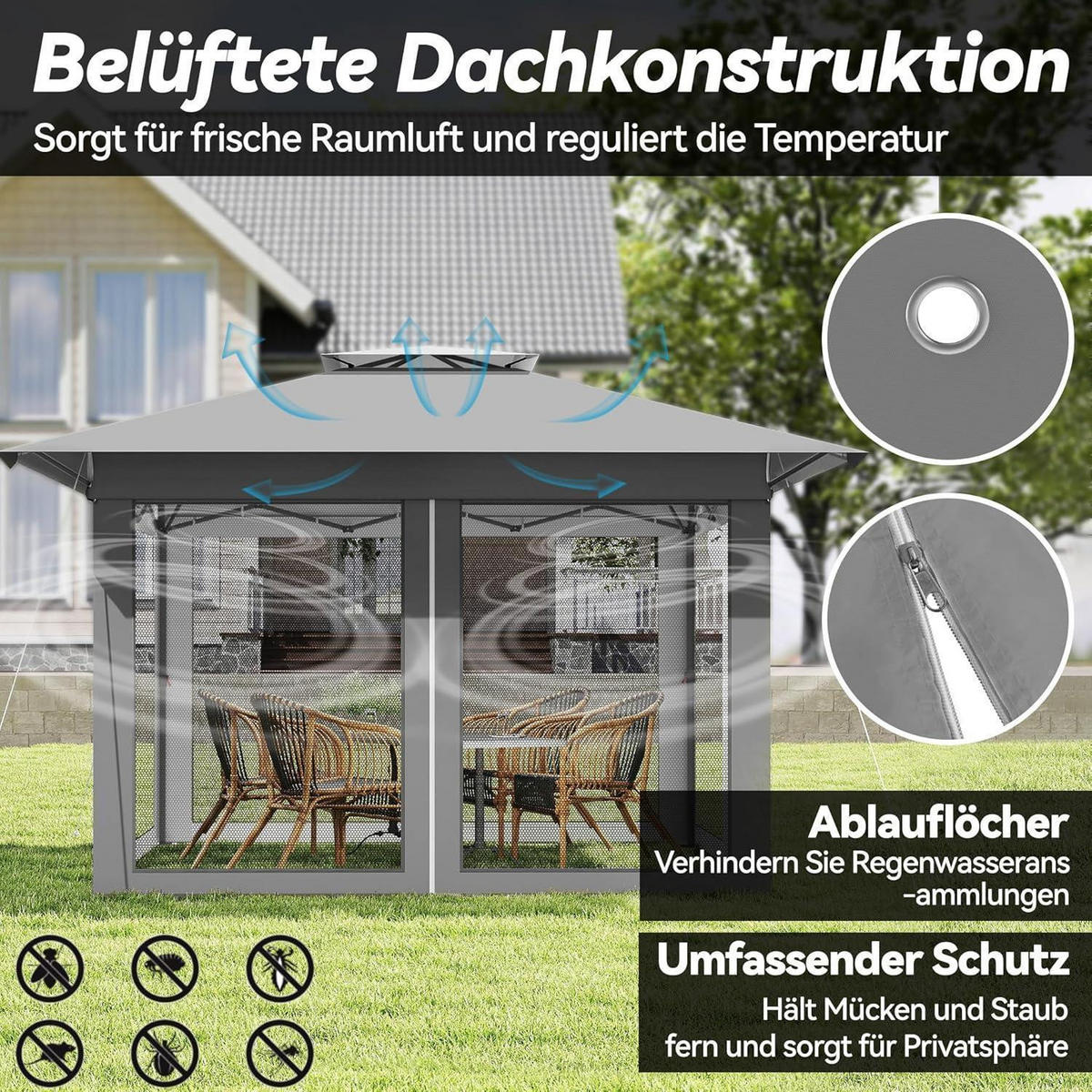 GARTENPAVILLON Pop Up 4x4m Grau mit Moskitonetz - Grau, Metall (400/285/400cm)