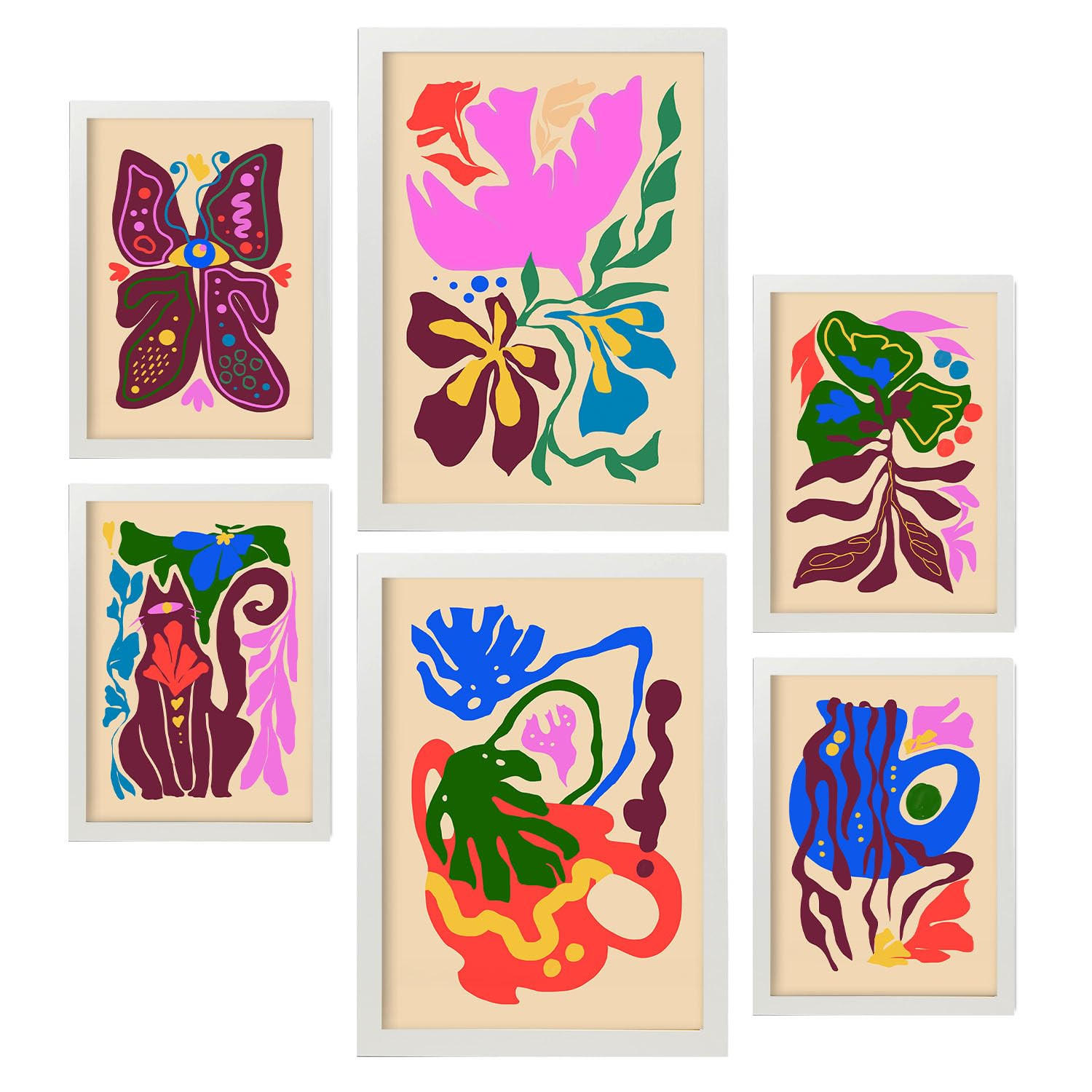 POSTER Set Mit 6 Malerisch 4 In Blume Zusammenfassung Ästhetische Dekorative Gemälde Für Ihr Wohnzimmer, Schlafzimmer, Zuhause A3 & A4 Weißer Rahmen - Weiß, Papier (29/3cm) - Nacnic