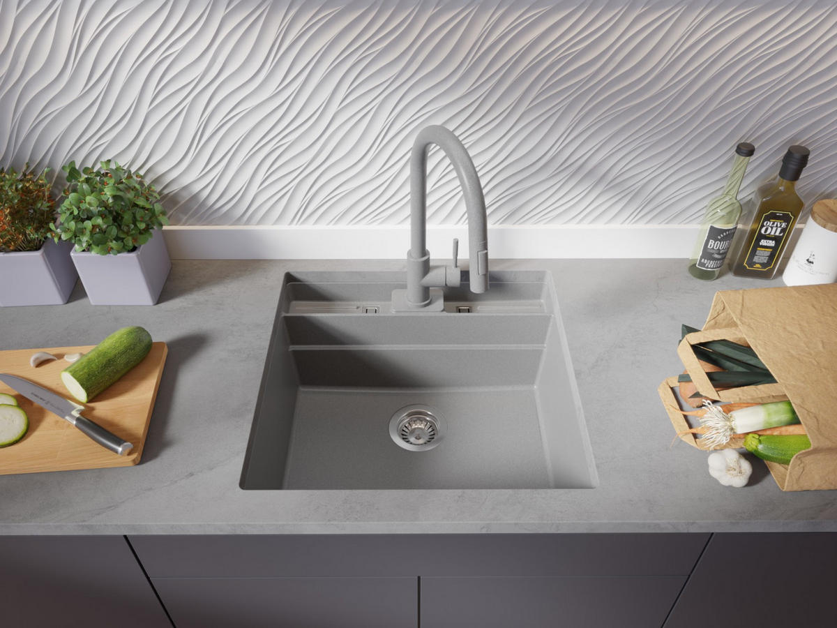 UNTERBAUSPÜLE GRANIT Bergen Pocket, 2-er set Grau 56/54 cm 1 Becken + Ablauf-Set + Küchenzubehörset ab 60er Unterschrank - Chromfarben/Beige, Kunststoff (56/20/54cm) - Primagran