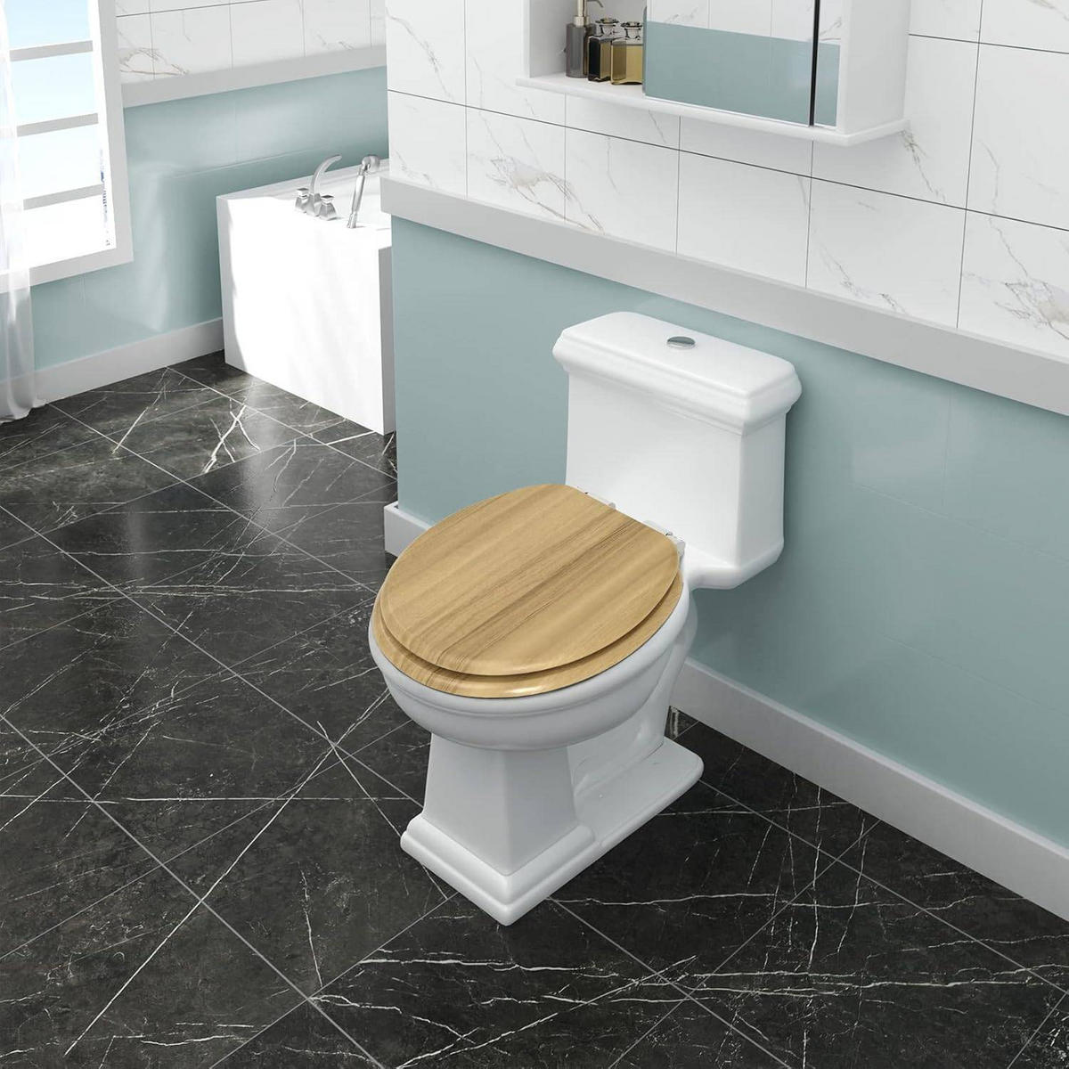 WC SITZ mit Absenkautomatik, MDF Holzkern,Oval - Hellbraun, Holzwerkstoff (37/2.5/43cm) - Woltu