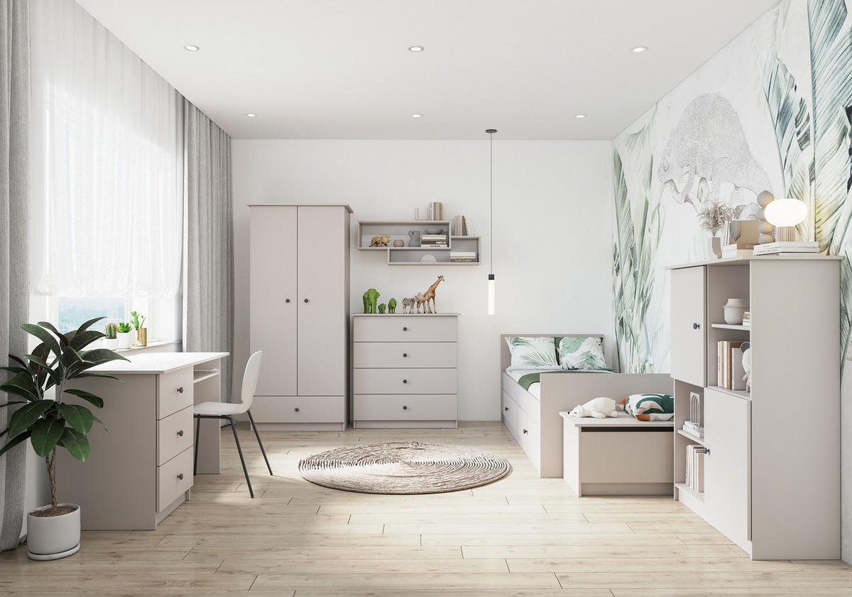 JUGENDZIMMER Livani in Kashmir 6-teiliges Kinderzimmer Komplettset mit grauen Griffen - Grau, Holzwerkstoff (80/200/120cm)